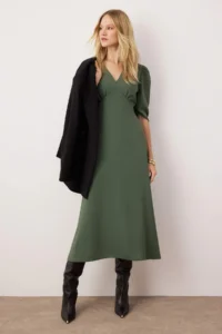 TRENDYOLMİLLA Khaki A Cut Sleeves Ruffle Detailed Midi Weaving Dress