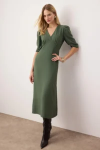 TRENDYOLMİLLA Khaki A Cut Sleeves Ruffle Detailed Midi Weaving Dress - Image 2