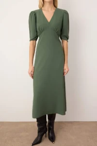 TRENDYOLMİLLA Khaki A Cut Sleeves Ruffle Detailed Midi Weaving Dress - Image 3