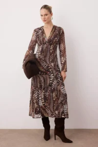 TRENDYOLMİLLA Brown animals pattern V-neck A Cut Maxi Weaving Dress