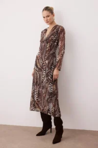 TRENDYOLMİLLA Brown animals pattern V-neck A Cut Maxi Weaving Dress - Image 2