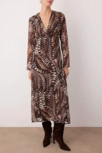 TRENDYOLMİLLA Brown animals pattern V-neck A Cut Maxi Weaving Dress - Image 3
