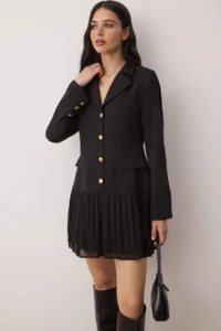 TRENDYOLMİLLA Black Pleated Detailed Buttoned Short / Mini Weaving Jacket Dress - Image 2