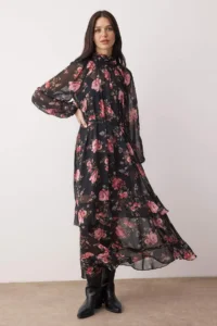 TRENDYOLMİLLA Black-Multicolored Floral Maxi Lined Siphon Weaving Dress