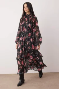 TRENDYOLMİLLA Black-Multicolored Floral Maxi Lined Siphon Weaving Dress - Image 2