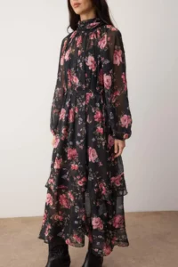 TRENDYOLMİLLA Black-Multicolored Floral Maxi Lined Siphon Weaving Dress - Image 3