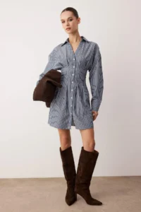 TRENDYOLMİLLA Navy Blue-White Striped Mini Weaving Shirt Dress
