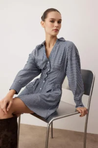 TRENDYOLMİLLA Navy Blue-White Striped Mini Weaving Shirt Dress - Image 2