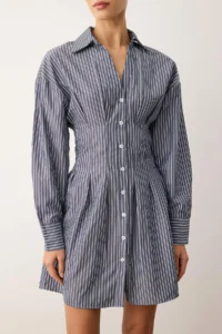 TRENDYOLMİLLA Navy Blue-White Striped Mini Weaving Shirt Dress - Image 3