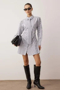 TRENDYOLMİLLA White-Gray Striped Tie Detailed Mini Weaving Dress - Image 2