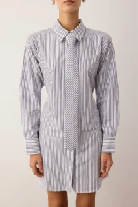 TRENDYOLMİLLA White-Gray Striped Tie Detailed Mini Weaving Dress - Image 3