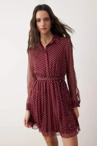 TRENDYOLMİLLA Burgundy Polka Dot Belted Short / Mini Weaving Shirt Dress