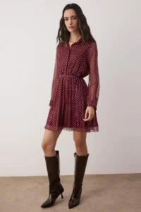 TRENDYOLMİLLA Burgundy Polka Dot Belted Short / Mini Weaving Shirt Dress - Image 2