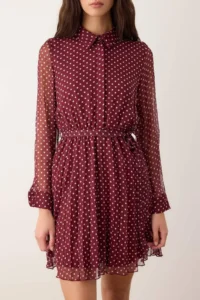 TRENDYOLMİLLA Burgundy Polka Dot Belted Short / Mini Weaving Shirt Dress - Image 3