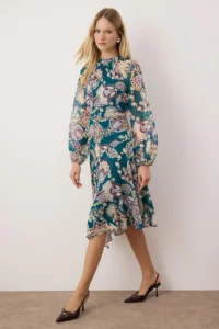 TRENDYOLMİLLA Green-Multicolored Midi Siphon Lined Weaving Dress - Image 3