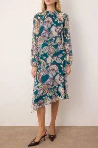TRENDYOLMİLLA Green-Multicolored Midi Siphon Lined Weaving Dress - Image 4