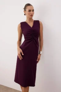 TRENDYOLMİLLA Plum Plain Bodysuit hugging Midi Weaving Dress - Image 2