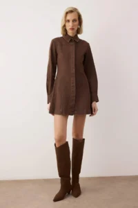 TRENDYOLMİLLA Brown Plain Short / Mini Weaving Dress - Image 2