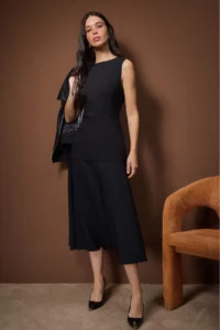 TRENDYOLMİLLA Trendyol Studio Black Midi Flexible Weaving Dress - Image 2