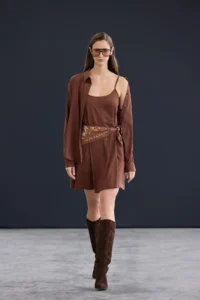 TRENDYOLMİLLA Trendyol Studio Brown Short / Mini Flexible Shirt Detailed Weaving Dress