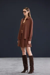 TRENDYOLMİLLA Trendyol Studio Brown Short / Mini Flexible Shirt Detailed Weaving Dress - Image 2
