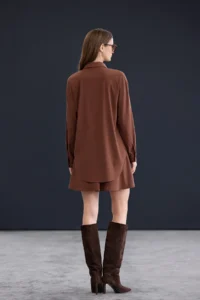 TRENDYOLMİLLA Trendyol Studio Brown Short / Mini Flexible Shirt Detailed Weaving Dress - Image 4