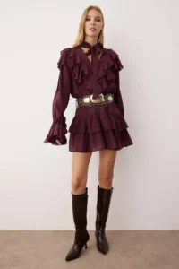 TRENDYOLMİLLA Burgundy Ruffle Detailed Boho Short / Mini Weaving Dress
