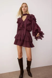 TRENDYOLMİLLA Burgundy Ruffle Detailed Boho Short / Mini Weaving Dress - Image 2