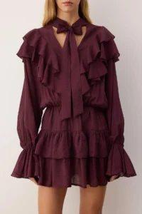TRENDYOLMİLLA Burgundy Ruffle Detailed Boho Short / Mini Weaving Dress - Image 3
