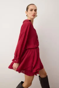 TRENDYOLMİLLA Burgundy Super Mini Skirt with Flounce Detail Weaving Siphon Dress