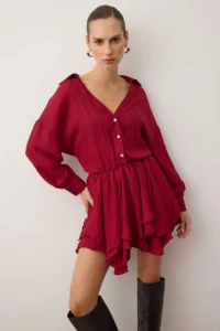 TRENDYOLMİLLA Burgundy Super Mini Skirt with Flounce Detail Weaving Siphon Dress - Image 2