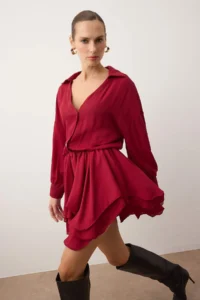 TRENDYOLMİLLA Burgundy Super Mini Skirt with Flounce Detail Weaving Siphon Dress - Image 3