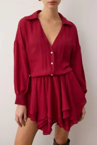 TRENDYOLMİLLA Burgundy Super Mini Skirt with Flounce Detail Weaving Siphon Dress - Image 4