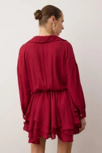 TRENDYOLMİLLA Burgundy Super Mini Skirt with Flounce Detail Weaving Siphon Dress - Image 5