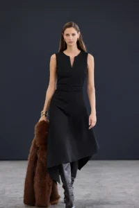 TRENDYOLMİLLA Trendyol Studio Collection Black Asymmetric V-neck Detailed Midi Flexible Knitting Dress
