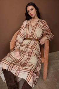 TRENDYOLMİLLA Multicolored Plaid / Checkered Arched Midi Lined Weaving Dress - Image 2