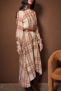 TRENDYOLMİLLA Multicolored Plaid / Checkered Arched Midi Lined Weaving Dress - Image 3