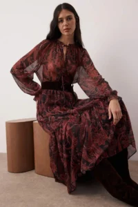 TRENDYOLMİLLA Multicolored Shawl Patterned Suede Arched Maxi Lined Weaving Dress - Image 2