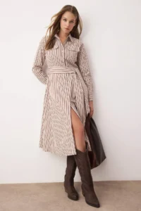TRENDYOLMİLLA Brown Belted Striped Midi Weaving Shirt Dress