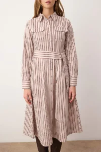 TRENDYOLMİLLA Brown Belted Striped Midi Weaving Shirt Dress - Image 2