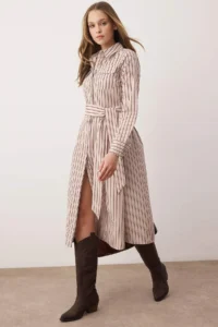 TRENDYOLMİLLA Brown Belted Striped Midi Weaving Shirt Dress - Image 4