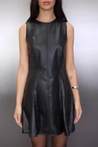 TRENDYOLMİLLA Black Plain Faux Leather Godeli Short / Mini Weaving Dress - Image 3