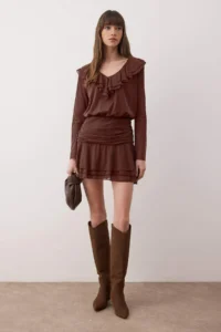 TRENDYOLMİLLA Brown Plain with flywheel/Frilly Fitted/Fitted Mini Flexible Knitting Dress