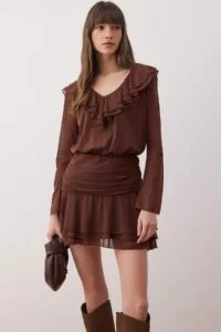 TRENDYOLMİLLA Brown Plain with flywheel/Frilly Fitted/Fitted Mini Flexible Knitting Dress - Image 2