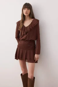 TRENDYOLMİLLA Brown Plain with flywheel/Frilly Fitted/Fitted Mini Flexible Knitting Dress - Image 3
