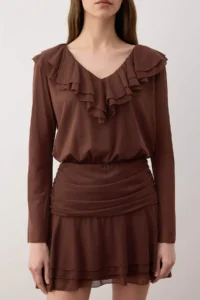 TRENDYOLMİLLA Brown Plain with flywheel/Frilly Fitted/Fitted Mini Flexible Knitting Dress - Image 4