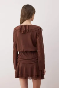 TRENDYOLMİLLA Brown Plain with flywheel/Frilly Fitted/Fitted Mini Flexible Knitting Dress - Image 5