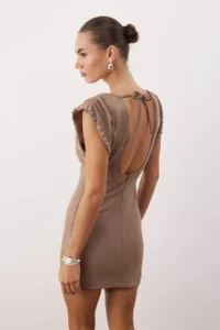 TRENDYOLMİLLA Light Brown Plain Trok Accessory Detailed Moon Arm Mini Knitting Suede Dress - Image 2