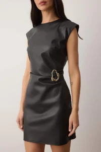 TRENDYOLMİLLA Black Plain Faux Leather Accessory Detailed Short / Mini Weaving Dress - Image 3