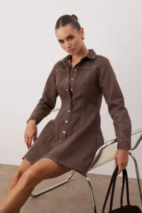 TRENDYOLMİLLA Brown Plain Short / Mini denim Dress - Image 2